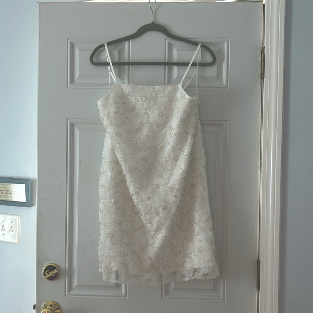 STORIA from Hazel&Olive - white mini cocktail dress with tulle flowers&beading.